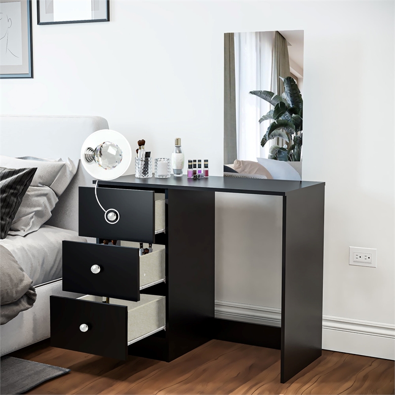 Boahaus Alexandra Black Vanity Desk with 3 Drawers Crystal Ball Knobs