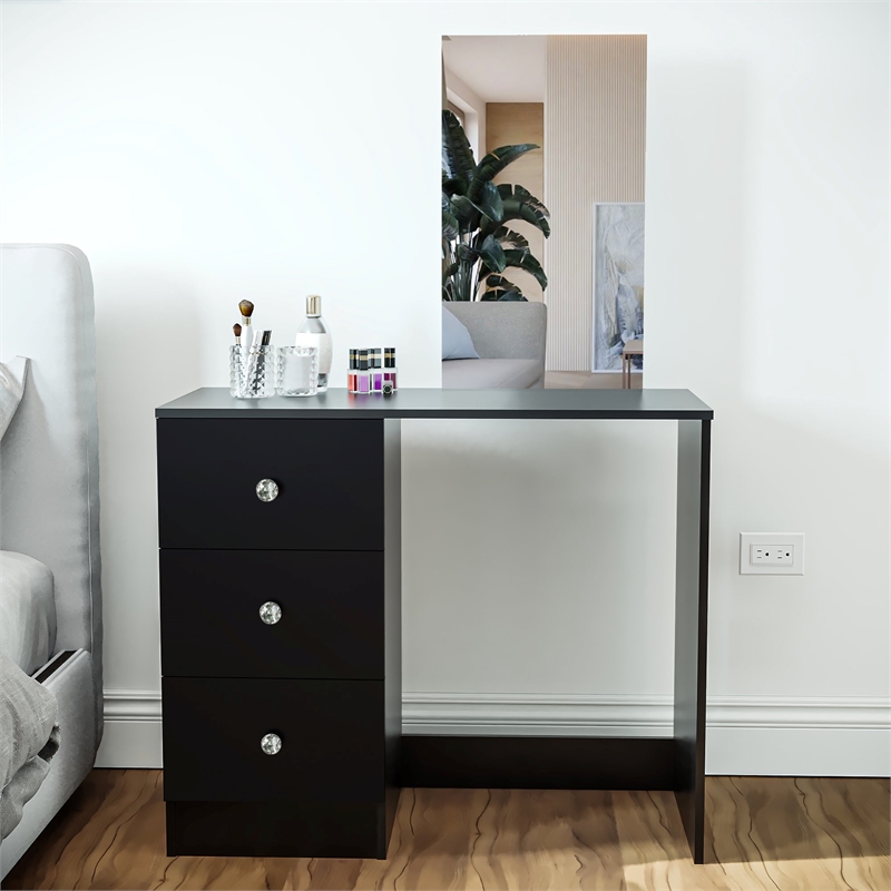 Boahaus Alexandra Black Vanity Desk with 3 Drawers Crystal Knobs