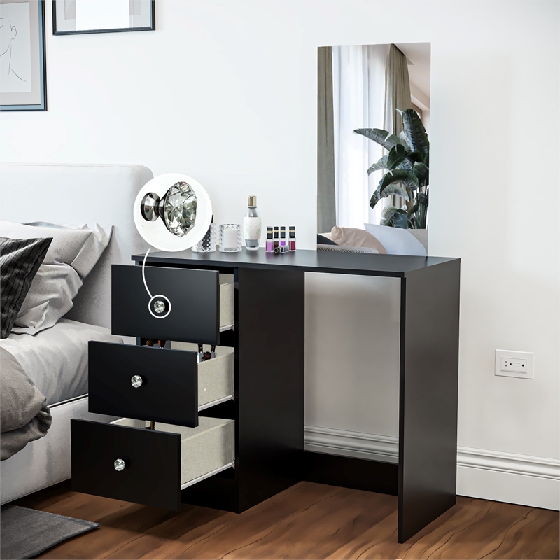 Boahaus Alexandra Black Vanity Desk with 3 Drawers Crystal Knobs