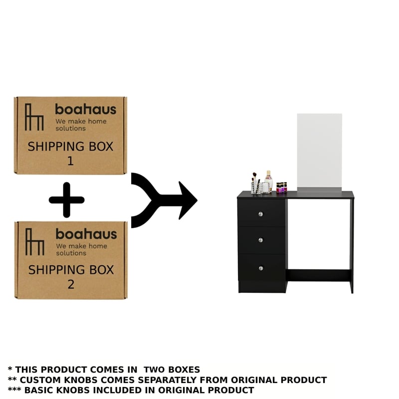 Boahaus Alexandra Black Vanity Desk with 3 Drawers Crystal Knobs