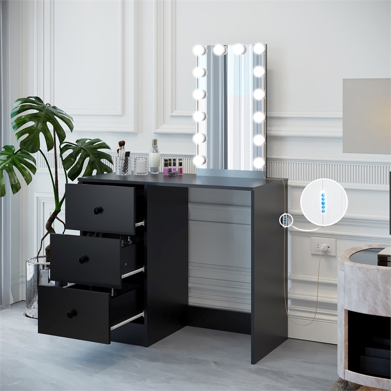 Boahaus Iris Black Dressing Table with Light Bulbs Basic Knobs