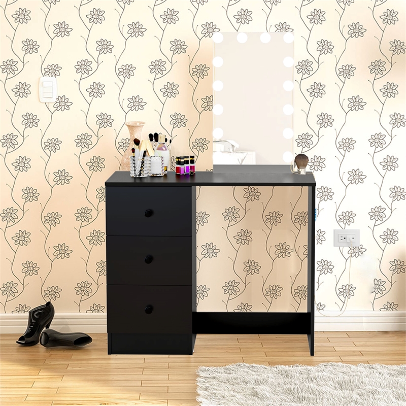 Boahaus Iris Black Dressing Table with Light Bulbs Basic Knobs