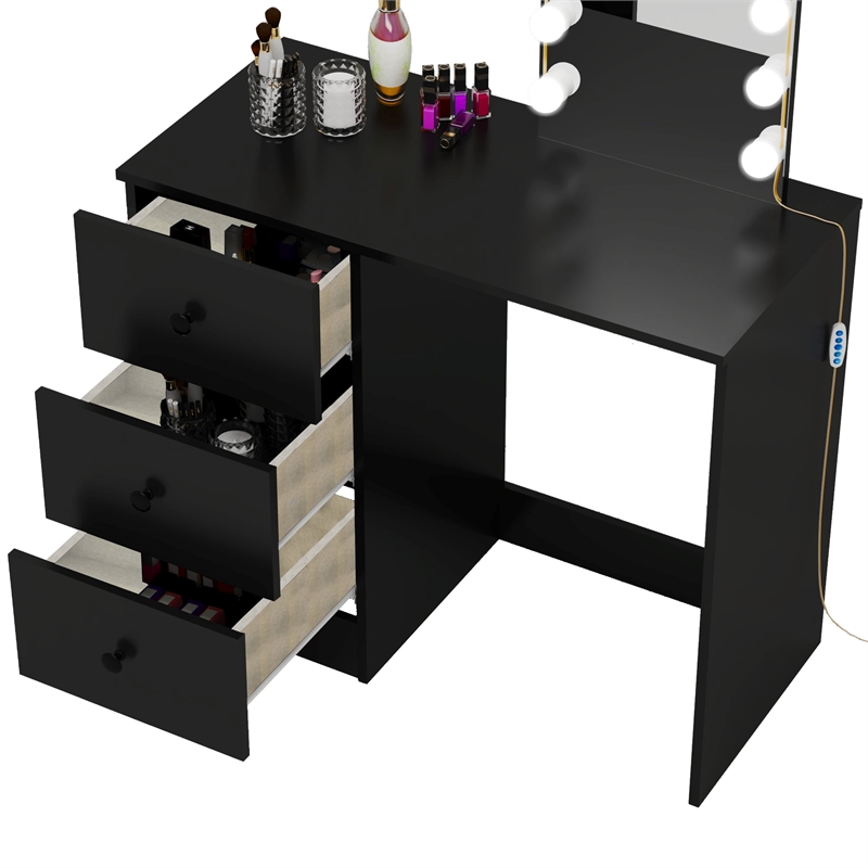 Boahaus Iris Black Dressing Table with Light Bulbs Basic Knobs