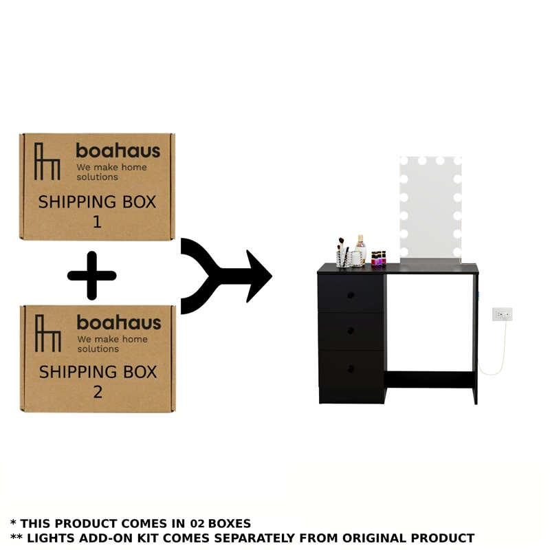 Boahaus Iris Black Dressing Table with Light Bulbs Basic Knobs