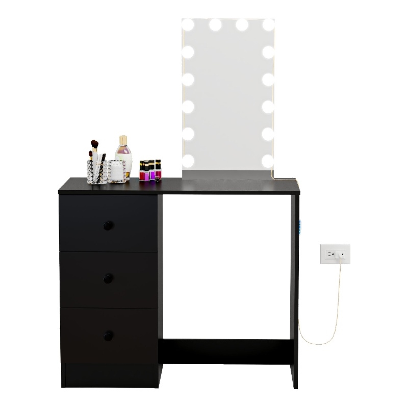 Boahaus Iris Black Dressing Table with Light Bulbs Basic Knobs
