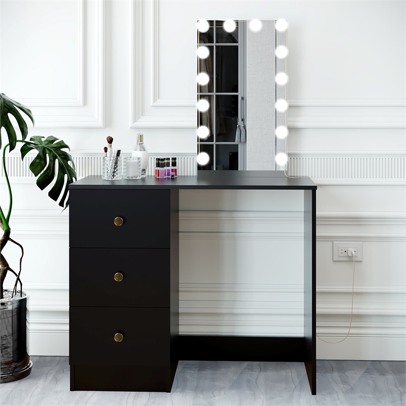 Boahaus Iris Black Dressing Table with Light Bulbs Golden Knobs