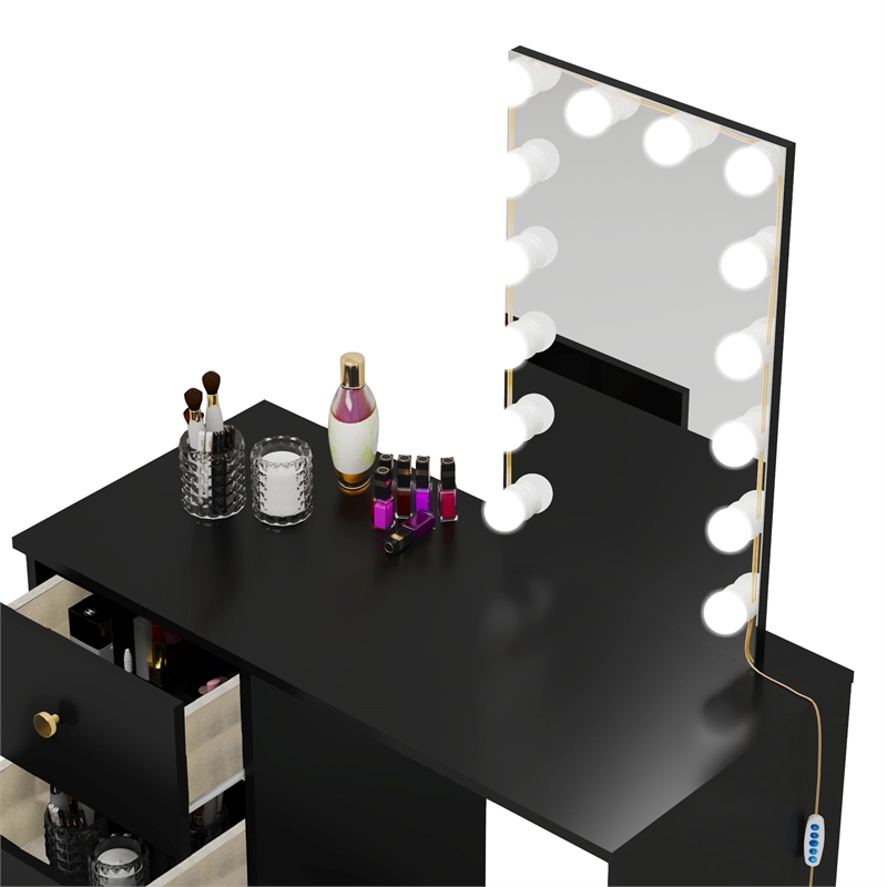 Boahaus Iris Black Dressing Table with Light Bulbs Golden Knobs