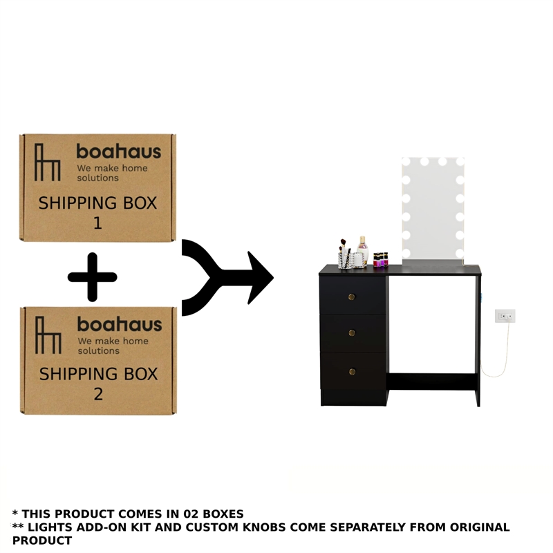 Boahaus Iris Black Dressing Table with Light Bulbs Golden Knobs