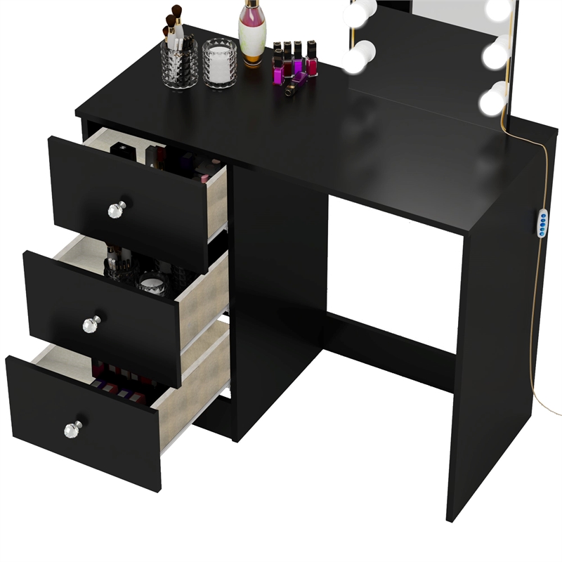 Boahaus Iris Black Dressing Table with Light Bulbs Crystal Ball Knobs