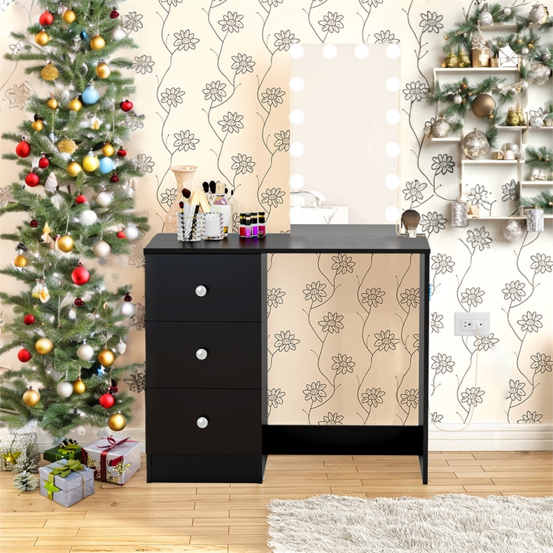Boahaus Iris Black Dressing Table with Light Bulbs Crystal Ball Knobs