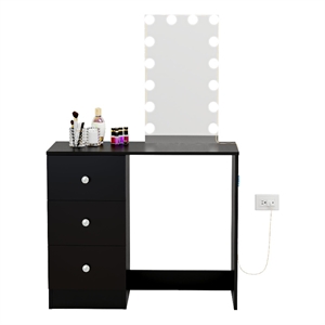Boahaus Iris Black Dressing Table with Light Bulbs Crystal Ball Knobs