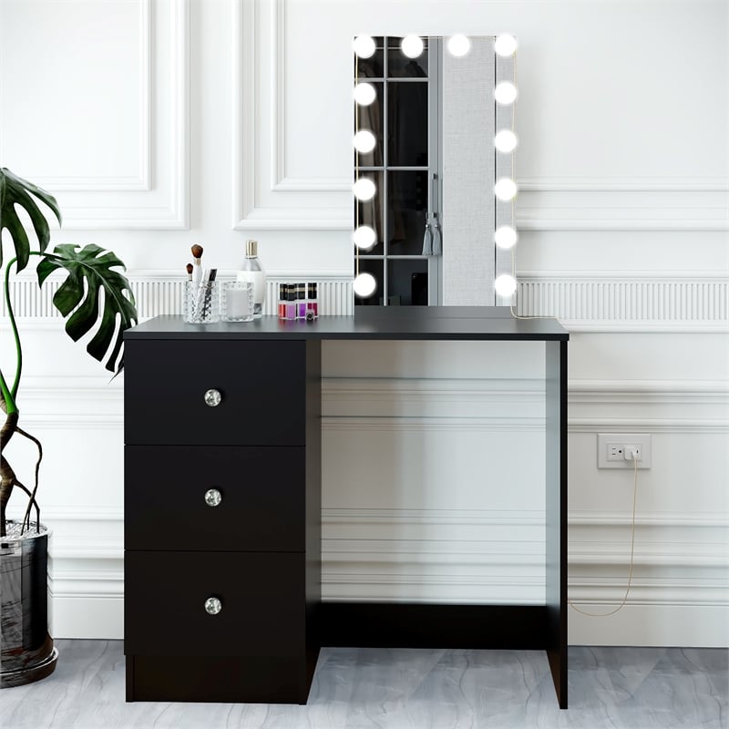 Boahaus Iris Black Dressing Table with Light Bulbs Crystal Knobs