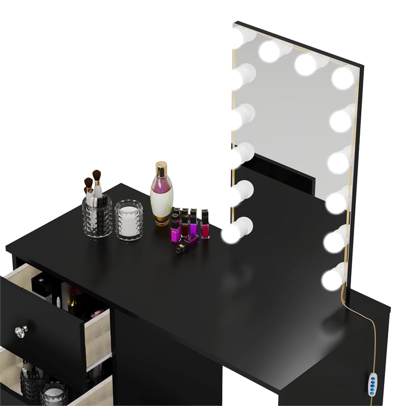 Boahaus Iris Black Dressing Table with Light Bulbs Crystal Knobs