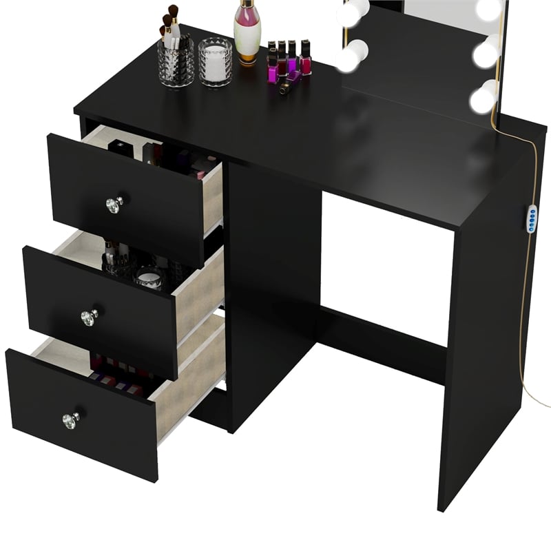 Boahaus Iris Black Dressing Table with Light Bulbs Crystal Knobs