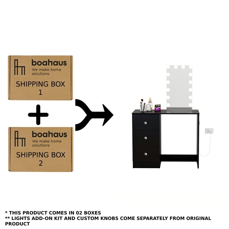 Boahaus Iris Black Dressing Table with Light Bulbs Crystal Knobs
