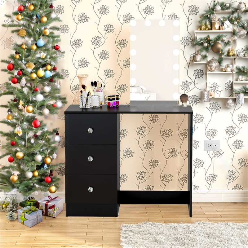Boahaus Iris Black Dressing Table with Light Bulbs Crystal Knobs