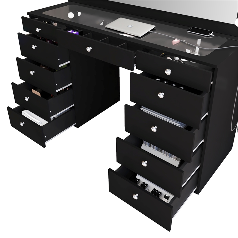 Boahaus Orla Black Vanity Desk with Lights 11 Drawers and Basic Knobs