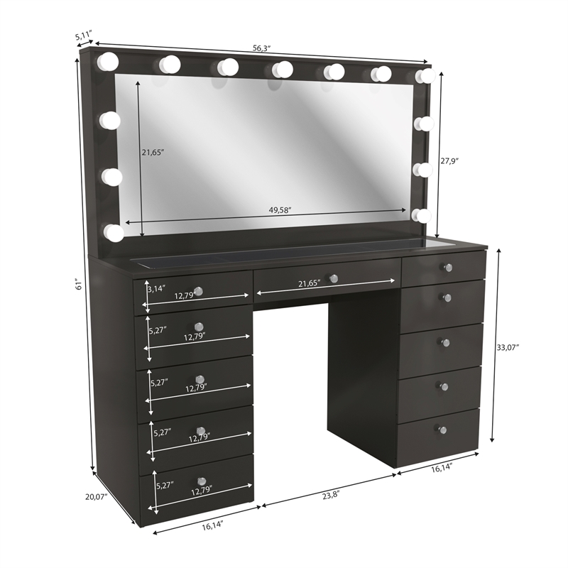 Boahaus Orla Black Vanity Desk with Lights 11 Drawers and Basic Knobs