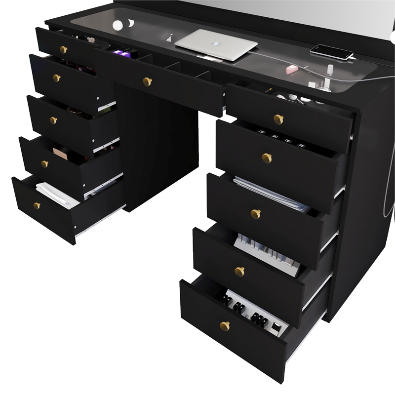 Boahaus Orla Black Vanity Desk with Lights 11 Drawers and Golden Knobs