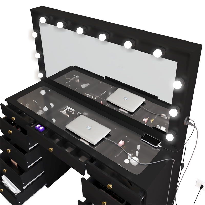 Boahaus Orla Black Vanity Desk with Lights 11 Drawers and Golden Knobs