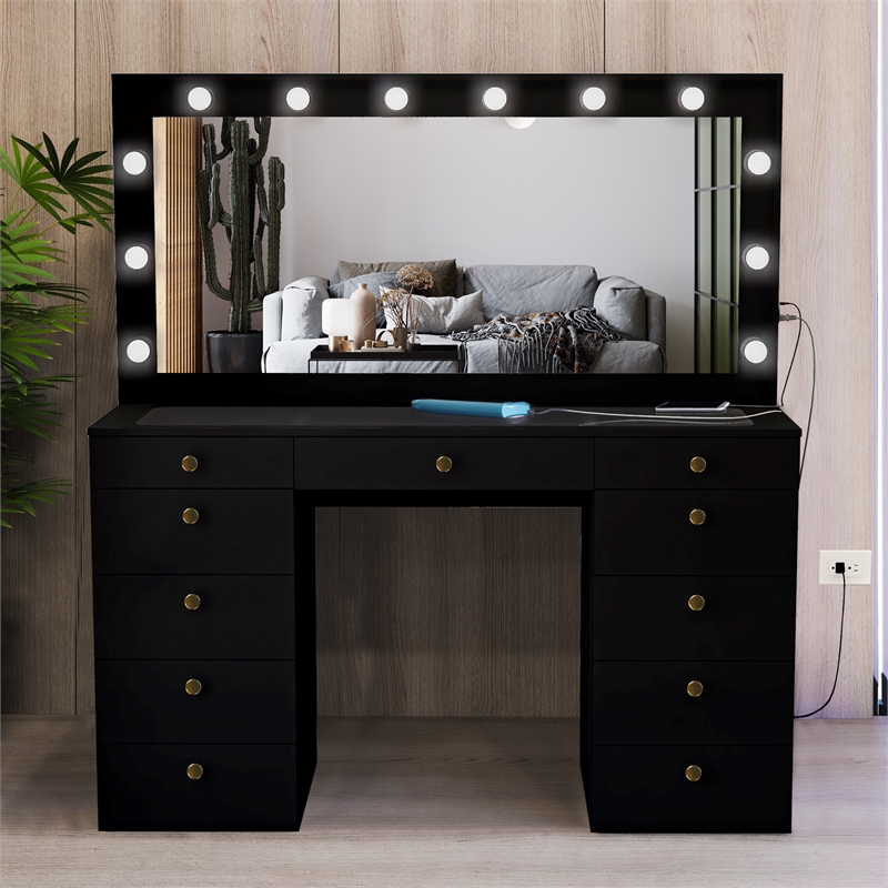 Boahaus Orla Black Vanity Desk with Lights 11 Drawers and Golden Knobs