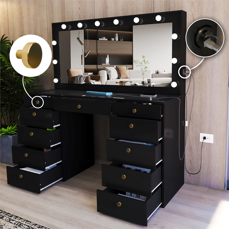 Boahaus Orla Black Vanity Desk with Lights 11 Drawers and Golden Knobs