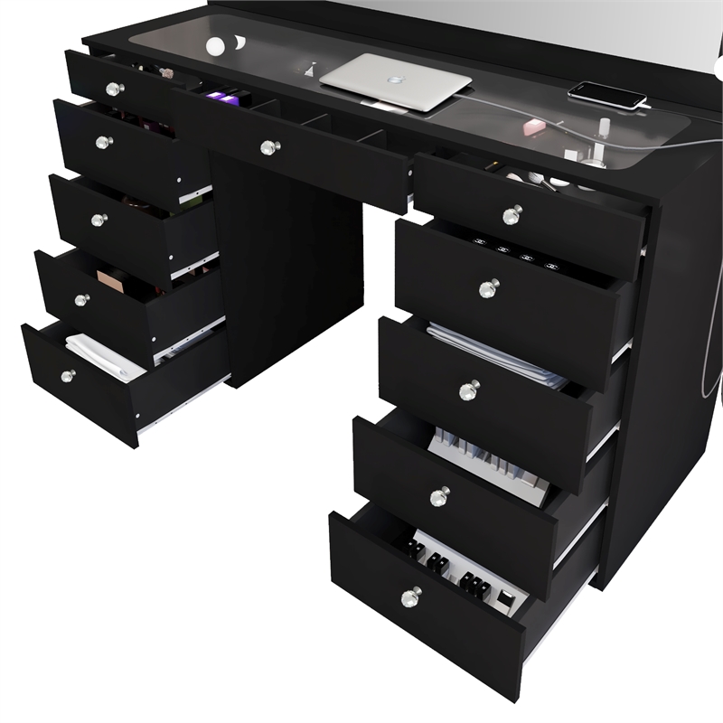 Boahaus Orla Black Vanity Desk with 11 Drawers and Crystal Ball Knobs