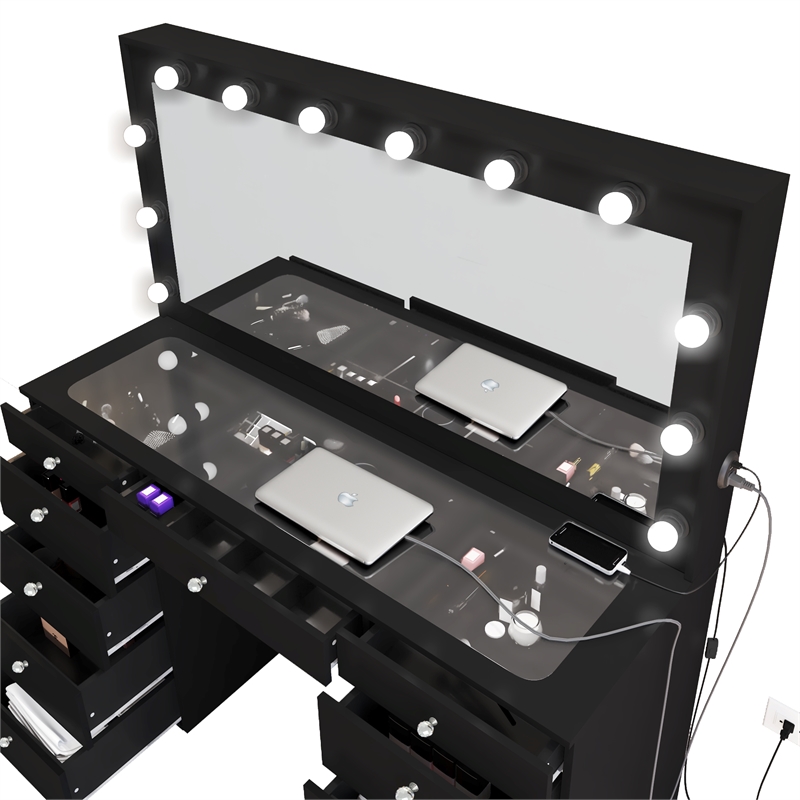 Boahaus Orla Black Vanity Desk with 11 Drawers and Crystal Ball Knobs