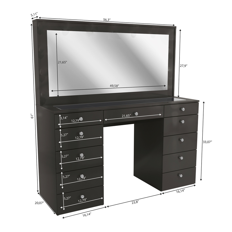 Boahaus Orla Black Vanity Desk with 11 Drawers and Crystal Ball Knobs