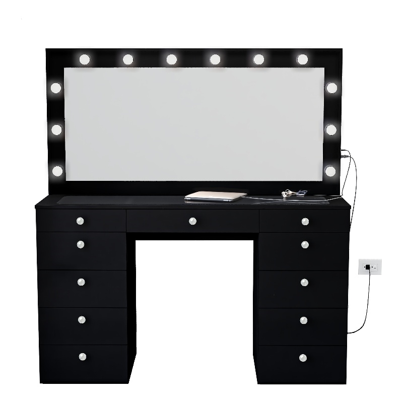 Boahaus Orla Black Vanity Desk with 11 Drawers and Crystal Ball Knobs