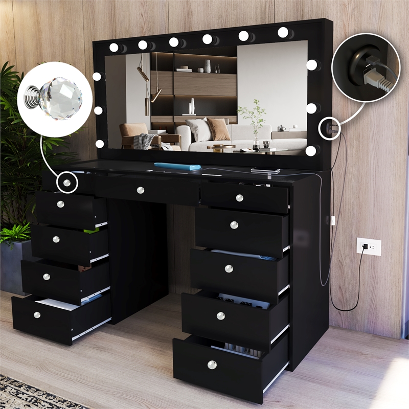 Boahaus Orla Black Vanity Desk with 11 Drawers and Crystal Ball Knobs