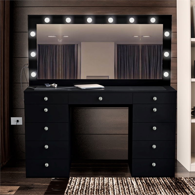 Boahaus Orla Black Vanity Desk with 11 Drawers and Crystal Knobs