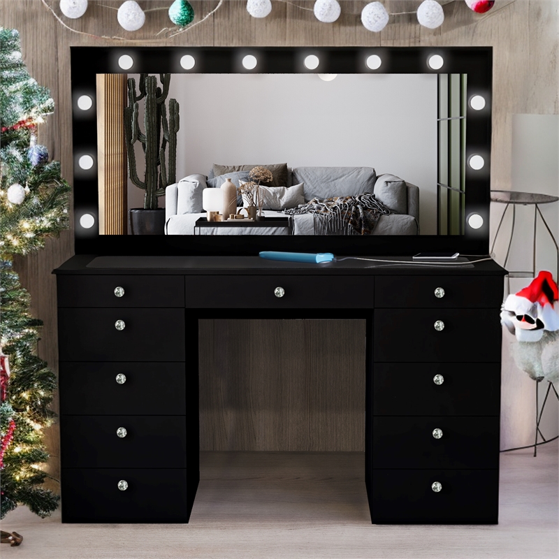 Boahaus Orla Black Vanity Desk with 11 Drawers and Crystal Knobs
