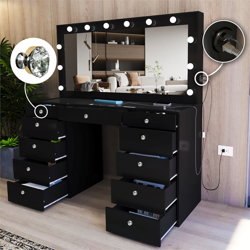 Boahaus Orla Black Vanity Desk with 11 Drawers and Crystal Knobs
