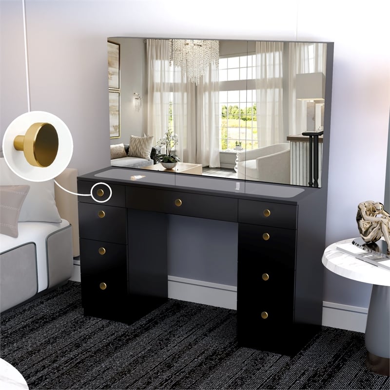 Boahaus Venus PRO Black Vanity Desk (Gold Knobs)