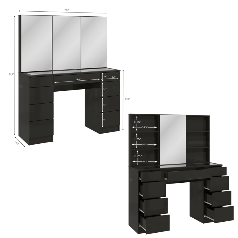 Boahaus Lily Black Vanity Desk (Crystal Ball Knobs)