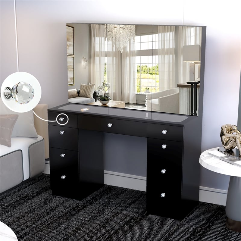 Boahaus Venus PRO Black Vanity Desk (Crystal Ball Knobs)