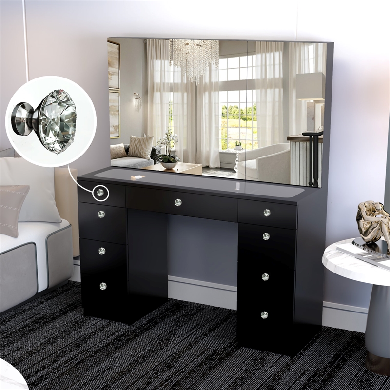 Boahaus Venus PRO Black Vanity Desk (Crystal Knobs)