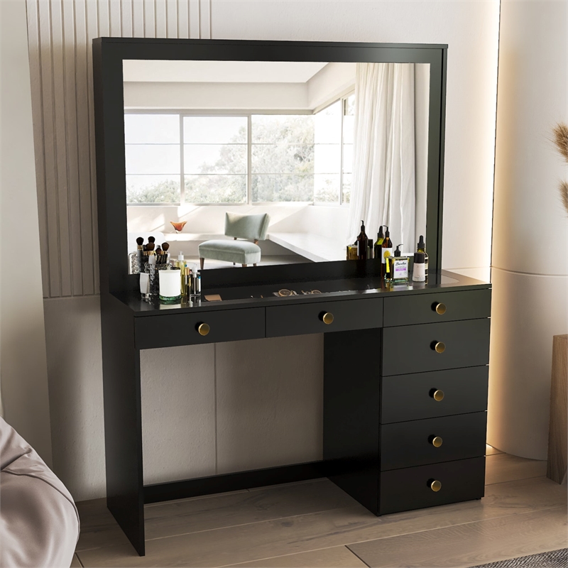 Boahaus Jane Black Makeup Vanity with 7 Drawers and Mirror Golden Knobs