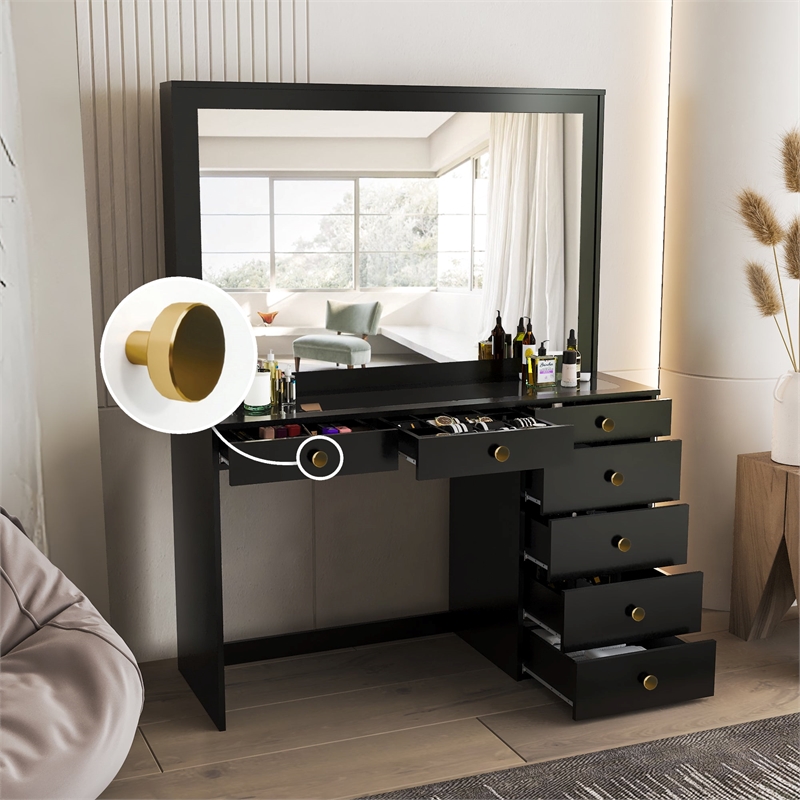 Boahaus Jane Black Makeup Vanity with 7 Drawers and Mirror Golden Knobs