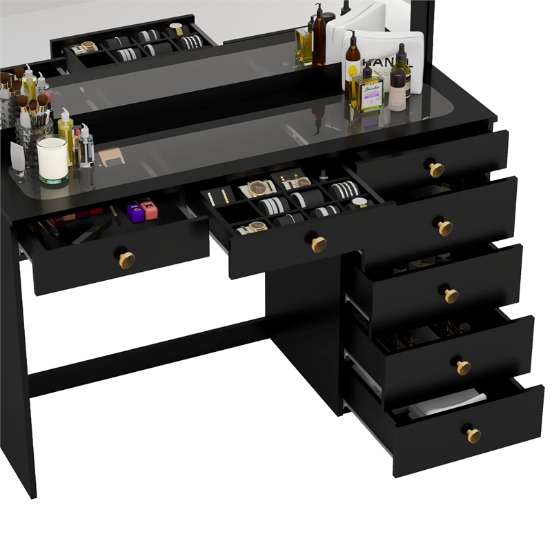 Boahaus Jane Black Makeup Vanity with 7 Drawers and Mirror Golden Knobs