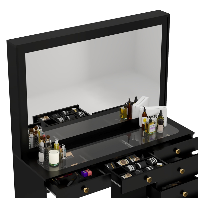 Boahaus Jane Black Makeup Vanity with 7 Drawers and Mirror Golden Knobs