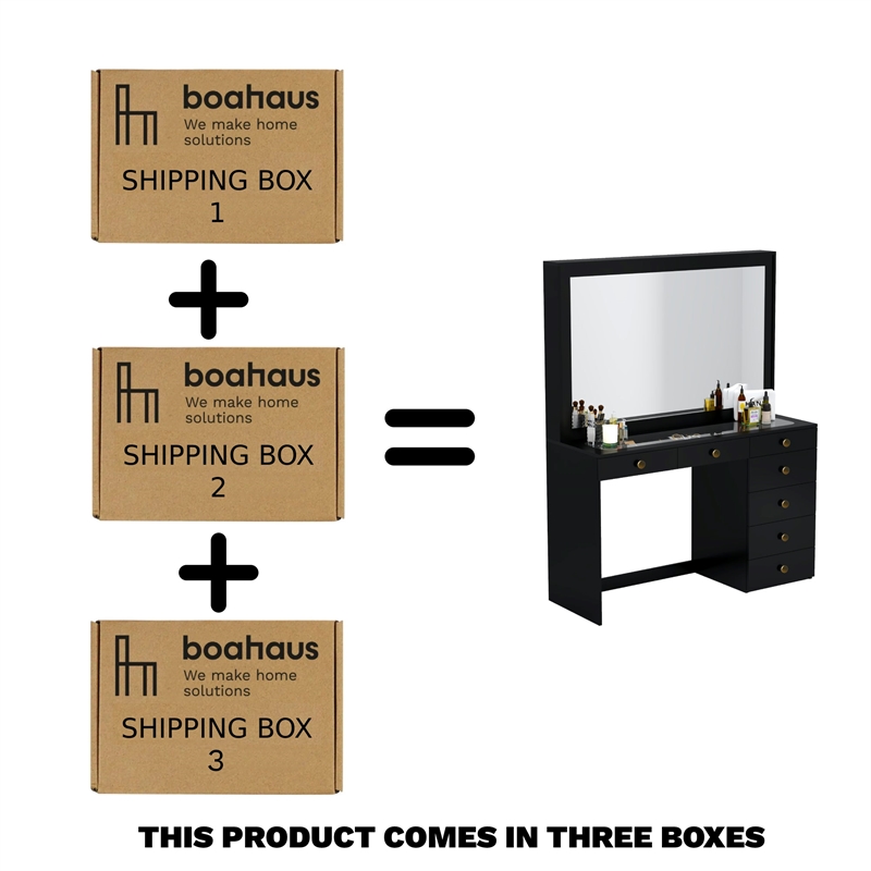 Boahaus Jane Black Makeup Vanity with 7 Drawers and Mirror Golden Knobs