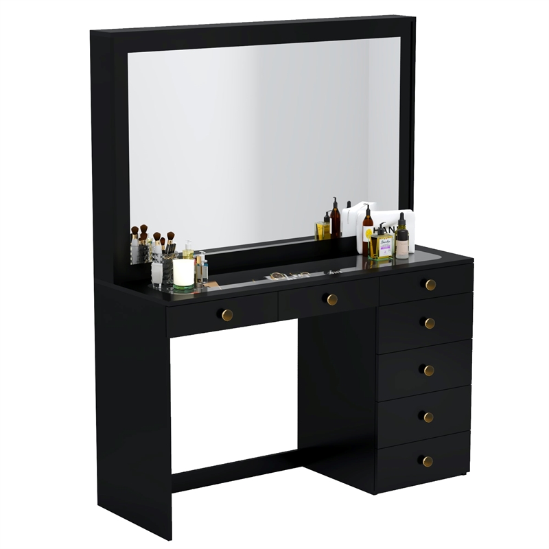 Boahaus Jane Black Makeup Vanity with 7 Drawers and Mirror Golden Knobs