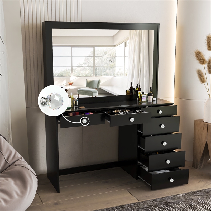 Boahaus Jane Black Makeup Vanity with 7 Drawers and Mirror Crystal Ball Knobs
