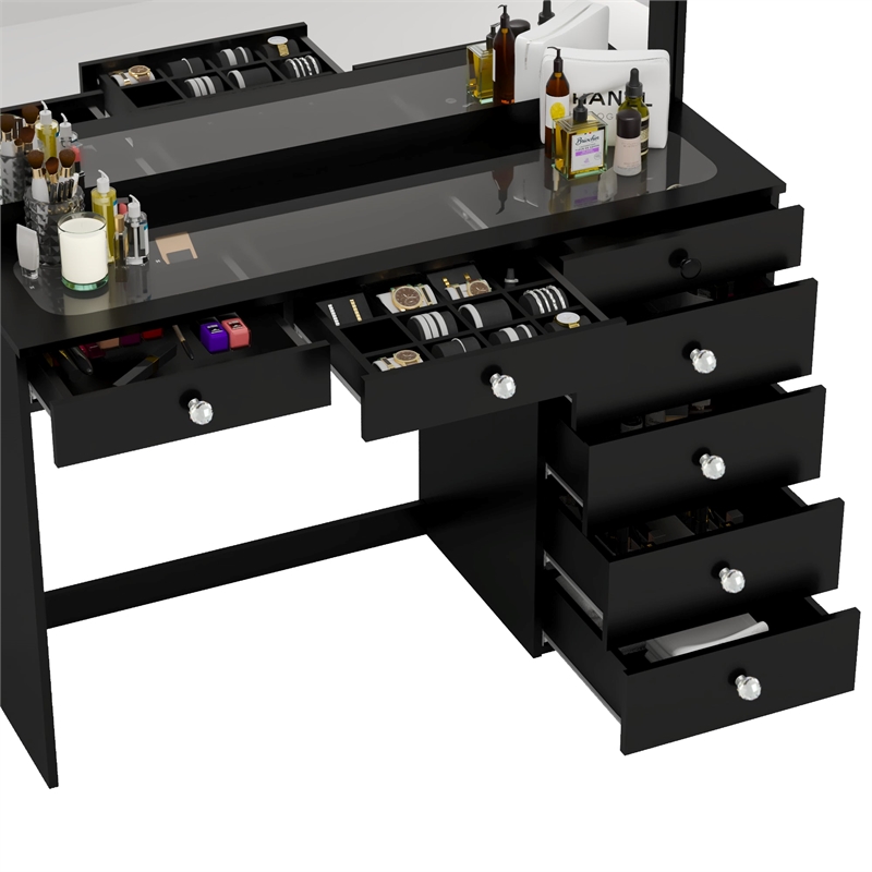 Boahaus Jane Black Makeup Vanity with 7 Drawers and Mirror Crystal Ball Knobs
