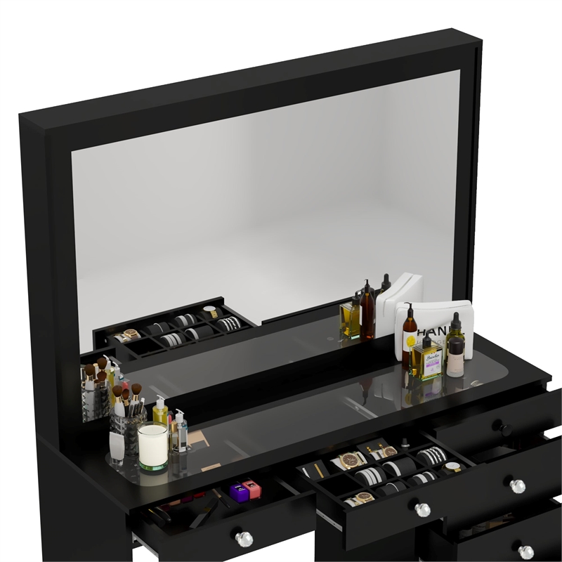 Boahaus Jane Black Makeup Vanity with 7 Drawers and Mirror Crystal Ball Knobs