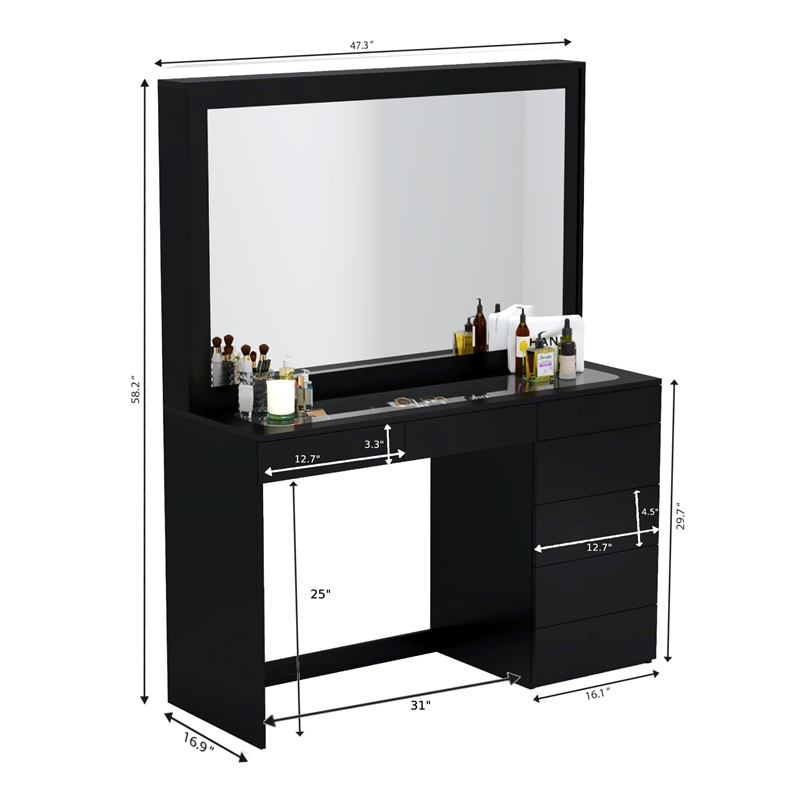 Boahaus Jane Black Makeup Vanity with 7 Drawers and Mirror Crystal Ball Knobs