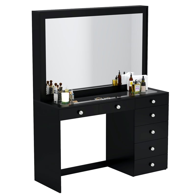 Boahaus Jane Black Makeup Vanity with 7 Drawers and Mirror Crystal Ball Knobs