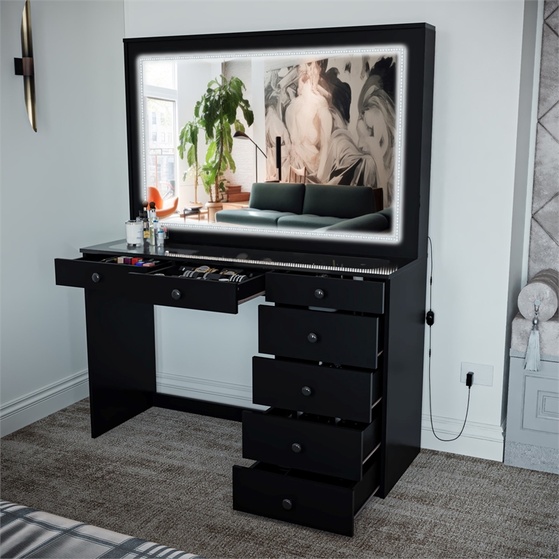 Boahaus Theia Modern Black Vanity Desk 7 Drawers Basic Knobs